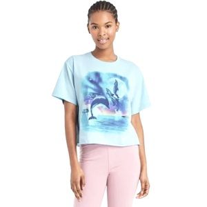 Mighty Fine size medium light blue dolphin in sunset crop top shirt NWT